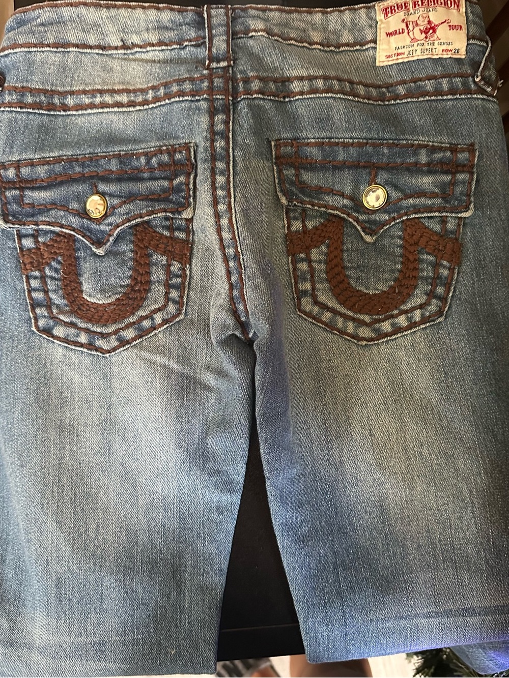 True Religion Blue Denim Jeans with Brown Contrast Stitching